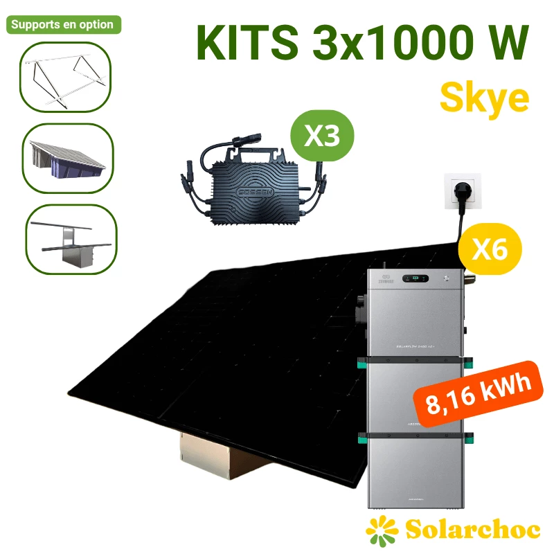 Kits 3x1000W 6 panneaux 500W + 3 micro-onduleurs SOSSEN 1000W + Solarflow2400AC+ + 2 Batteries AB3000L Skye